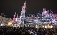 15 May 2024, Bavaria, Munich: An 18-minute open-air audio-video production with large-format projections will be shown on the façade of Munich City Hall in the late evening hours. Over 10 high-performance video projectors, music, sound effects, historical audio/video archive collages and live elements will commemorate "75 Years of the Basic Law". Photo: Peter Kneffel/dpa