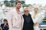 Chris Hemsworth, George Miller and Anya Taylor-Joy pose at the photo call of \'Furiosa: A Mad Max Saga\' during the 77th Cannes Film Festival at Palais des Festivals in Cannes, France, on 16 May 2024
