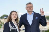 Yaryna Hordiienko and Sergei Loznitsa pose at the photo call of 