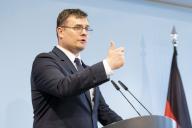 Laurynas Kasciunas, Lithuanian Minister of Defense, pictured during a press conference at the BMVg in Berlin, 16.05.2024