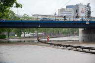 17 May 2024, Saarland, Saarbrücken: The A620 city highway is closed in the area of the Luisenbrücke bridge due to flooding. Road closures occur in many places in Saarland after rainfall. Photo: Harald Tittel/dpa