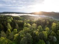 18 May 2024, Baden-Württemberg, Rottweil: Morning fog hangs over a wooded area near Rottweil at sunrise. (Aerial shot with a drone). Photo: Silas Stein/dpa