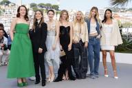 Jena Malone, Isabelle Fuhrman, Ella Hunt, Georgia MacPhail, Sienna Miller, Abbey Lee Kershaw and Wase Chief pose at the photo call of \'Horizon: An American Saga\' during the 77th Cannes Film Festival at Palais des Festivals in Cannes, France, on 19 May 2024