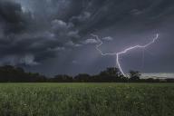 Lightning flashes in the sky during a thunderstorm in Waldhufen, May 19, 2024