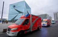 22 May 2024, Berlin: Emergency vehicles stand in front of the main station. A woman was hit and killed by an ICE train at Berlin Central Station on Wednesday evening and a child was seriously injured, according to a spokeswoman for the Federal Police. Photo: Thomas Frey/dpa