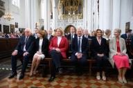 23 May 2024, Berlin: The representatives of the constitutional bodies (l-r), Federal President Frank-Walter Steinmeier and his wife Elke Büdenbender, Bundestag President Bärbel Bas (SPD), Federal Chancellor Olaf Scholz (SPD) and his wife Britta Ernst, and Manuela Schwesig (SPD), Minister President of Mecklenburg-Vorpommern and current President of the Bundesrat, sit in the front row at the ecumenical service to mark 75 years of the Basic Law in St. Mary