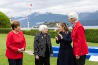 24 May 2024, Italy, Stresa: Kristalina Georgieva (l-r), Managing Director of the International Monetary Fund, Janet Yellen, US Secretary of the Treasury, Chrystia Freeland, Minister of Finance and Deputy Prime Minister of Canada, and Christine Lagarde, President of the European Central Bank, talk on Lake Maggiore. This year, Italy is chairing the Group of Seven of important Western industrialized nations. Photo: Hannes P. Albert/dpa