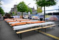 24 May 2024, Berlin: Empty tables stand at the start of the Democracy Festival in Berlin