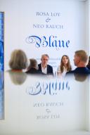 24 May 2024, Saxony-Anhalt, Aschersleben: Neo Rauch (center l) and Rosa Loy give a press conference on the exhibition "Bläue" at the "Grafikstiftung Neo Rauch". The exhibition opens on May 25, 2024 and shows costumes and stage sets from the new Bayreuth production of Lohengrin from 2018. Photo: Klaus-Dietmar Gabbert/dpa