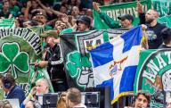 24 May 2024, Berlin: Basketball: Euroleague, Panathinaikos Athens - Fenerbahce Istanbul, final round, Final Four, semi-final, Uber Arena. Fans of Panathinaikos Athens cheer on their team with flags and chants. Photo: Andreas Gora/dpa