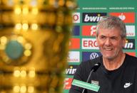 24 May 2024, Berlin: Soccer: Before the DFB Cup final, 1. FC Kaiserslautern - Bayer 04 Leverkusen. Kaiserslautern coach Friedhelm Funkel laughs during the press conference. Photo: Soeren Stache/dpa - IMPORTANT NOTE: In accordance with the regulations of the DFL German Football League and the DFB German Football Association, it is prohibited to utilize or have utilized photographs taken in the stadium and/or of the match in the form of sequential images and/or video-like photo series