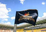 25 May 2024, Saxony, Dresden: Soccer: Saxony Cup, FC Erzgebirge Aue - SG Dynamo Dresden, final, Rudolf Harbig Stadium. A corner flag with the inscription "Final day of the amateurs" blows in the wind. Photo: Robert Michael/dpa/ZB