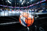 26 May 2024, Hamburg: Handball: EHF European League, Rhein-Neckar Löwen - Dinamo Bucharest, Final Four, match for third place, Barclays Arena. The match ball hangs in the net as the teams warm up. Photo: Noah Wedel/dpa
