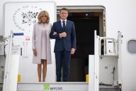 26 May 2024, Berlin: Emmanuel Macron, President of France, and his wife Brigitte Macron arrive at the military section of BER Airport. French President Macron and his wife are on a three-day state visit to Germany at the invitation of Federal President Steinmeier. Photo: Christophe Gateau/dpa
