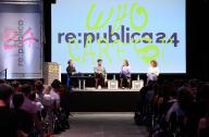 27 May 2024, Berlin: Presenter Georg Restle (l-r), Thilo Jung, freelance journalist, Ann-Katrin Müller, correspondent at Der Spiegel, and Julia Krittian, editor-in-chief of MDR, discuss the role of journalism at the re:publica 2024 digital conference. The three-day (27-29.05.2024) "Festival for the digital society" is taking place this year under the motto "Who cares?". Photo: Bernd von Jutrczenka/dpa