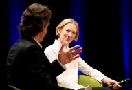 28 May 2024, Berlin: Konzerthaus director Sebastian Nordmann in conversation with chief conductor Joana Mallwitz. As chief conductor of the Berlin Konzerthaus, Mallwitz wants to present her audience with new challenges. Photo: Alina Schmidt/dpa