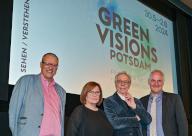 28 May 2024, Brandenburg, Potsdam: Andreas Runze (l-r), Managing Director of Runze und Casper Werbeagentur, Karen Arikian, Curator "Green Visions Potsdam", Dieter Kosslick, Festival Director "Green Visions Potsdam" and Bernd Rubelt, Alderman of the City of Potsdam for Urban Development, take part in a press event to introduce the film festival for sustainable living "Green Visions Potsdam" in the cinema hall of the Filmmuseum Potsdam. The first edition of "Green Visions Potsdam" - the new film festival for sustainable living - will take place in Potsdam from May 30 to June 2, 2024. The festival not only invites visitors to go to the movies and film discussions with scientists and creatives, but also opens its "Market for Sustainable Living" in front of the Filmmuseum Potsdam every day for guests and the curious. With free admission, the forecourt of the Film Museum becomes a meeting place for environmentally conscious enjoyment and inspiring initiatives. Photo: Patrick Pleul/dpa