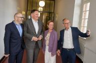 28 May 2024, Hamburg: Peter Kropsch (l-r), Chairman of the Management Board of Deutsche Presse-Agentur (dpa), Carsten Brosda (SPD), Senator for Culture and Media Hamburg, Julia Becker, Chairwoman of the Supervisory Board and Publisher of FUNKE Mediengruppe, and Kai Gniffke, ARD Chairman and SWR Director-General, come to the University of Applied Sciences (HAW) to mark the publication of the "Hamburg Declaration" of the #UseTheNews initiative. Photo: Georg Wendt/dpa