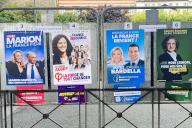 29 May 2024, France, Paris: Posters for the 2024 European elections are displayed at the Parc St.-Cloud bus station on the banks of the Seine. The European elections will take place from June 6 to 9, 2024. Photo: Frank Molter/dpa