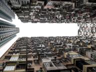 29 February 2024, China, Hongkong: View upwards in the inner courtyard of the "Monster Building", a complex of five residential towers in Quarry Bay in the Hong Kong Special Administrative Region of the People