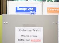 31 May 2024, Baden-Württemberg, Schorndorf: A polling booth for the European elections, the local elections and the regional elections is located in a polling station for postal voting in the town hall. Photo: Bernd Weißbrod/dpa