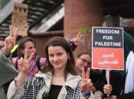 31 May 2024, Hamburg: Pro-Palestinian demonstrators hold up posters at the St. Pauli fish market before the start of Bündnis 90/Die Grünen