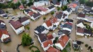 01 June 2024, Bavaria, Babenhausen: Many streets are flooded in Babenhausen in the Bavarian-Swabian district of Unterallgäu (photo taken with a drone). The water is running into the cellars of the houses. Photo: Nikolas Schäfers/dpa