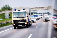 02 June 2024, Bavaria, Dasing: A convoy of vehicles consisting of care and transport units from the Bavarian Red Cross, the Malteser, the Johanniter-Unfallhilfe and the Workers
