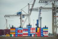 03 June 2024, Hamburg: Shipping containers painted with national flags are lined up on a quay wall at O