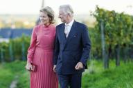 05 October 2022, Rhineland-Palatinate, Deidesheim: King Philippe of Belgium and Queen Mathilde of Belgium walk through a vineyard during a visit to the von Winning winery. Photo: Uwe Anspach\/dpa