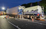 31 May 2023, Bavaria, Aschaffenburg: The scene of the accident on the A3. A man was killed in an accident involving a tanker truck and a semitrailer on the A3 near Aschaffenburg. The 51-year-old driver had crashed his tanker into a truck in front of him on Wednesday evening, was trapped in his cab and succumbed to his severe injuries. Photo: Armin Lerch\/5VISION.NEWS\/dpa