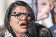 United States Representative Rashida Tlaib (Democrat of Michigan) cries while speaking at a press conference with activists calling for a ceasefire in Gaza at the House Triangle in front of the Capitol in Washington, D.C. on Thursday, December 14, 2023. Credit: Annabelle Gordon / CNP