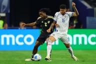Andrés Andrade Cedeno (r) of Panama disputes the ball with Dexter Lembikisa of Jamaica this sunday in a Concacaf Nations League match at AT&T Stadium in Arlington, USA 24 March 2024. EFE/ Carlos Ramirez