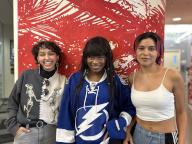 The members of the female Latin music trio Darumas, Ceci Leon (L), Vidala Velmont (C) and Aldana Aguirre, pose for EFE during an interview on May 8, 2024 in Miami, Florida, USA issued 16 May 2024. The new female Latin music trio Darumas presents this thursday its first album, titled \