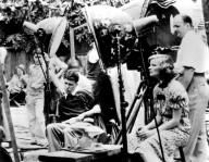 Director George Stevens and Katharine Hepburn on the set of 
