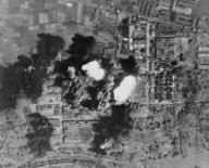 Aerial view of Hitachi Aircraft Co., in Tachikawa, Japan. It was bombed by U.S. B-29 Superfortresses in 1945. World War 2. (BSLOC_2014_10_117)