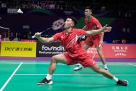 Law Cheuk Him and YEUNG Sing Choi of Hong Kong in action during men double match at the BWF Thomas Cup Finals at Hi-Tech Zone Sports Centre Gymnasium, ChengDu, Sichuan, China on 27 April, 2024