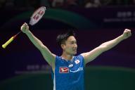Kento Momota of Japan reacts during men single match on the BWF Thomas Cup Finals at Hi-Tech Zone Sports Centre Gymnasium, ChengDu, Sichuan, China on 28 April, 2024