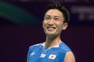 Kento Momota of Japan reacts during men single match on the BWF Thomas Cup Finals at Hi-Tech Zone Sports Centre Gymnasium, ChengDu, Sichuan, China on 28 April, 2024