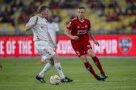 Steve Mcmanaman of Liverpool Reds (L) and Dimitar Berbatov of Manchester Reds in action during the Battle Of The Reds match between Manchester Reds and Liverpool Reds at National Stadium Bukit Jalil in Kuala Lumpur, Malaysia on April 27, 2024. (EyePress Newswire/FL Wong