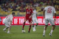 David Thompson of Liverpool Reds (L) and Dimitar Berbatov of Manchester Reds in action during the Battle Of The Reds match between Manchester Reds and Liverpool Reds at National Stadium Bukit Jalil in Kuala Lumpur, Malaysia on April 27, 2024. (EyePress Newswire/FL Wong