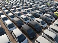 An aerial view of new BYD electric cars to be exported on a dock in Yantai in east China\'s Shandong province Thursday, April 18, 2024
