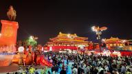 Tourists pack into the square in front of the ancient Great Wild Goose Pagoda despite the authority canceled routine performances to discourage tourists in Xi\'an city in northwest China\'s Shaanxi province Wednesday, May 01, 2024
