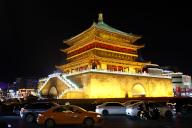 Traffic pass by the ancient Bell Tower in Xi\'an in northwest China\'s Shaanxi province Thursday, May 02, 2024