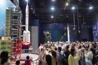 Students watch a demonstration of the lift off of a Long March-2F at China\'s Science and Technology Museum in Beijing, China Saturday, May 04, 2024