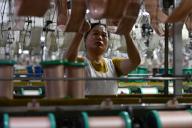 A woman works in a silk factory in Fuyang city in central China
