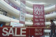 A big promotional sign of &quot;Sale 50% Off&quot; at a shopping mall in Hangzhou in east China\