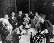 Martha Maddox, Laura La Plante, Gertrude Astor, Crieghton Hale, Forrest Stanley, on-set of the silent film, "The Cat And The Canary", Universal Pictures, 1927