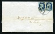 1853-dated cancel used for only one month in New York City on cover, 1853. The New York 1853 year dated cancel was only used from July 11 to July 26, 1853 and is very rare; used here to cancel a pair of 1c blue Franklins