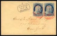 New York Carrier cancel cover, c. 1855. Two single 1c blue Franklin stamps, both type II, tied on cover by red New York carrier cancel; also stamped with a black New York &quot;US mail, 1 1/2 PM, delivery&quot; handstamp